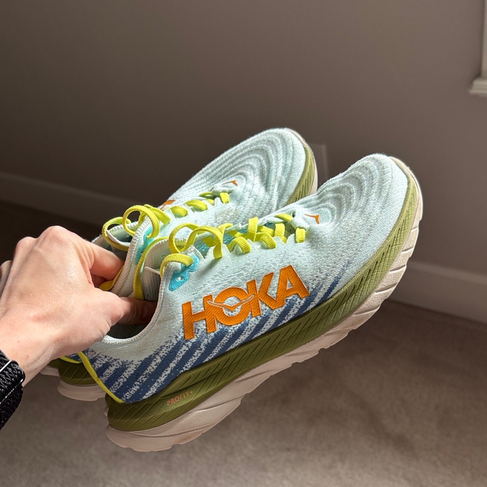 Hoka Light Blue and Lime Sneakers